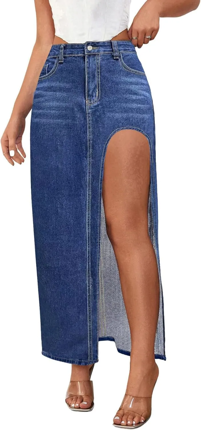 Ru Sweet Womens Casual High Split Denim Maxi Jean Skirt Stretch Waist Frayed Button Up with Pockets
