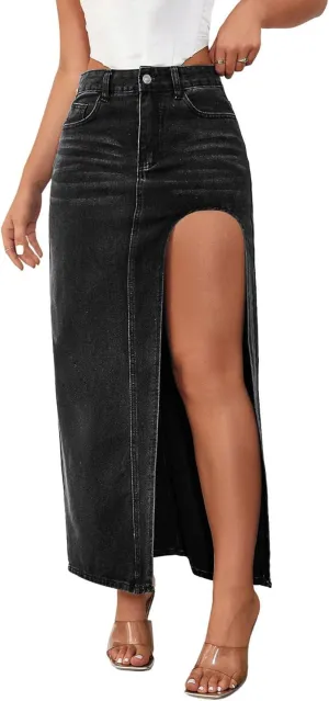 Ru Sweet Womens Casual High Split Denim Maxi Jean Skirt Stretch Waist Frayed Button Up with Pockets