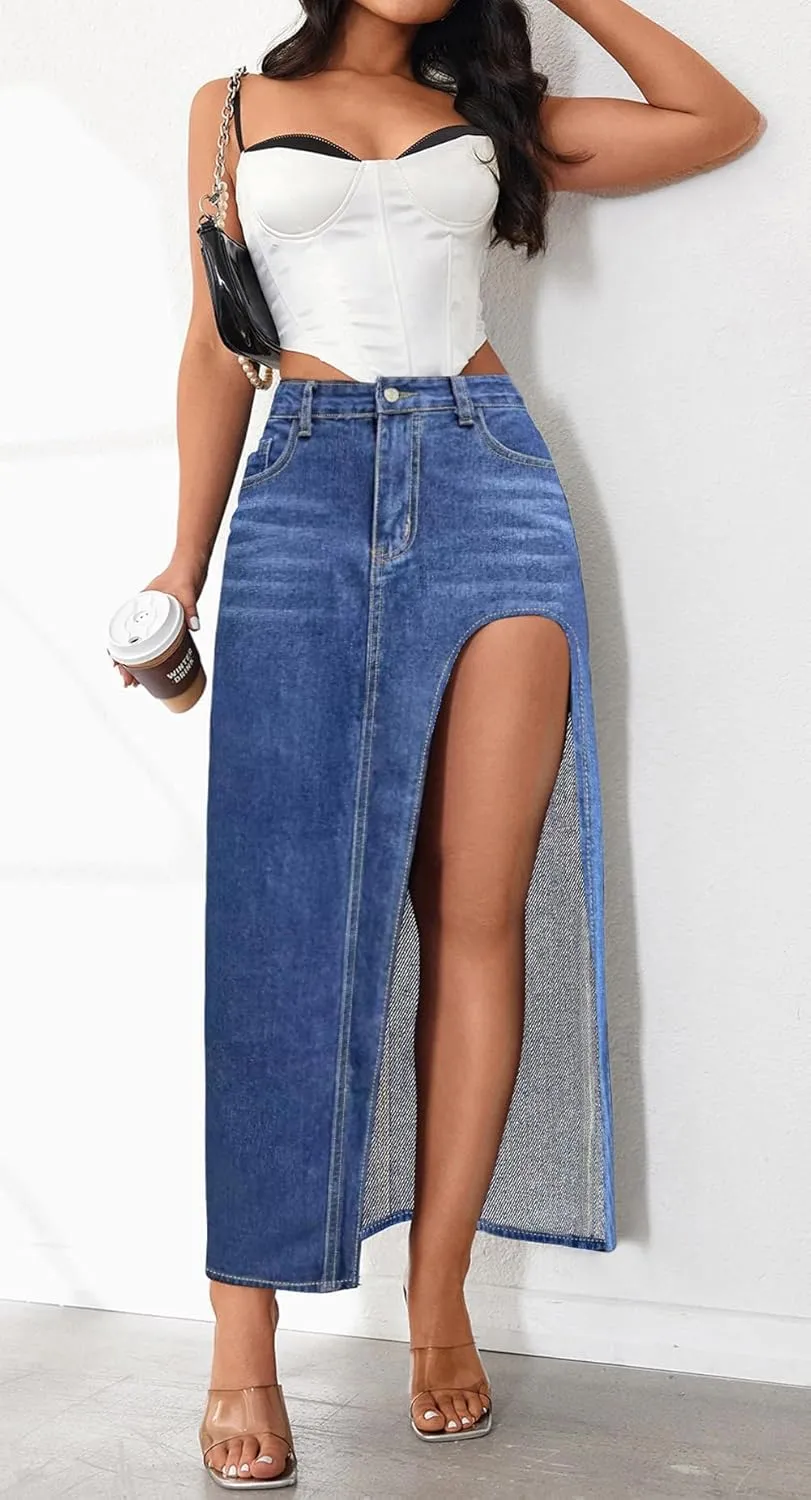 Ru Sweet Womens Casual High Split Denim Maxi Jean Skirt Stretch Waist Frayed Button Up with Pockets