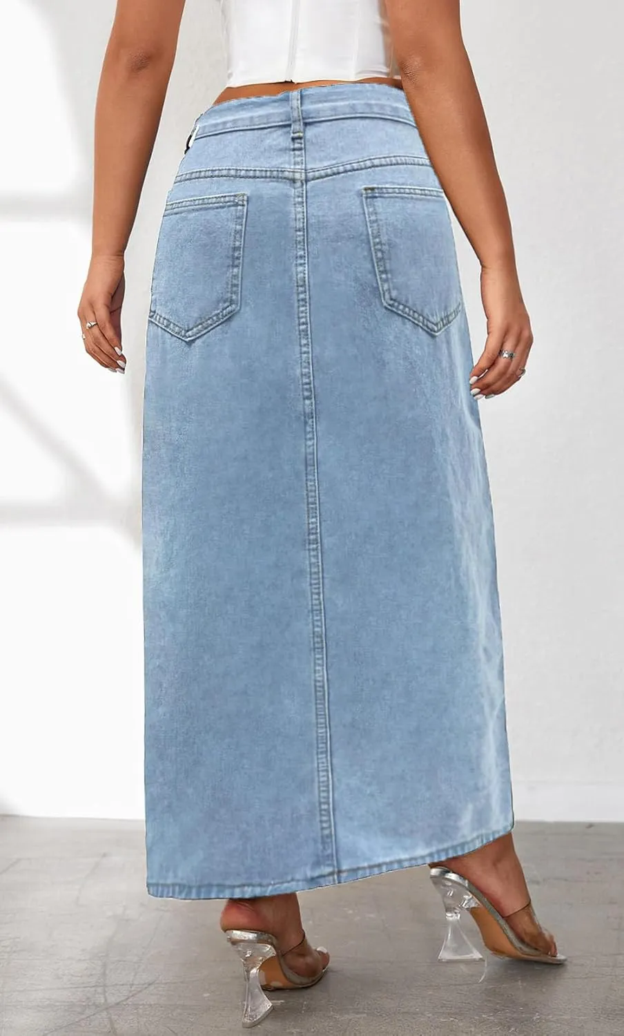 Ru Sweet Womens Casual High Split Denim Maxi Jean Skirt Stretch Waist Frayed Button Up with Pockets
