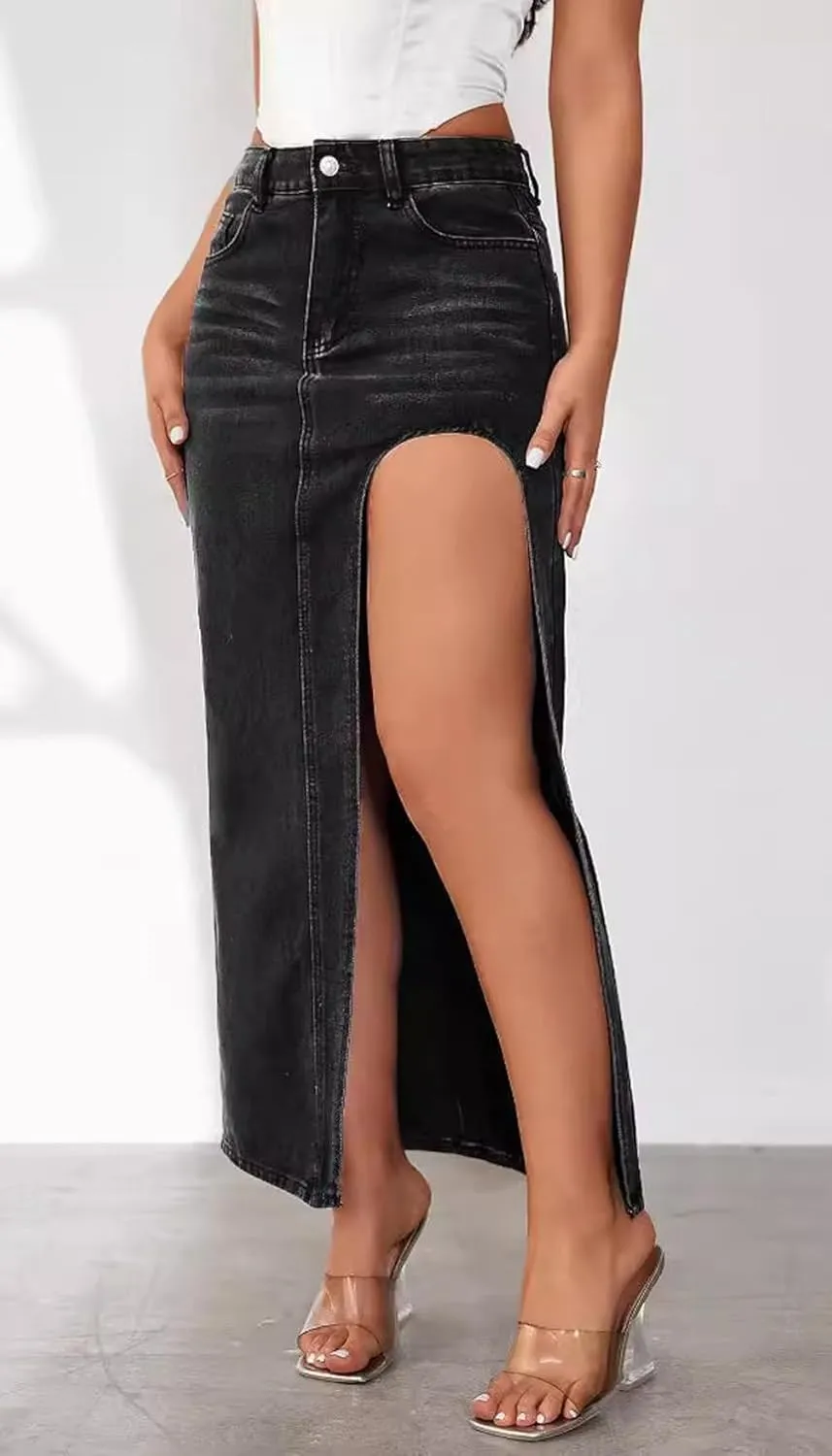 Ru Sweet Womens Casual High Split Denim Maxi Jean Skirt Stretch Waist Frayed Button Up with Pockets