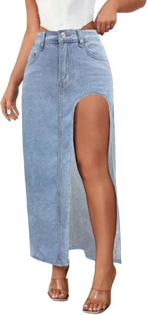 Ru Sweet Womens Casual High Split Denim Maxi Jean Skirt Stretch Waist Frayed Button Up with Pockets