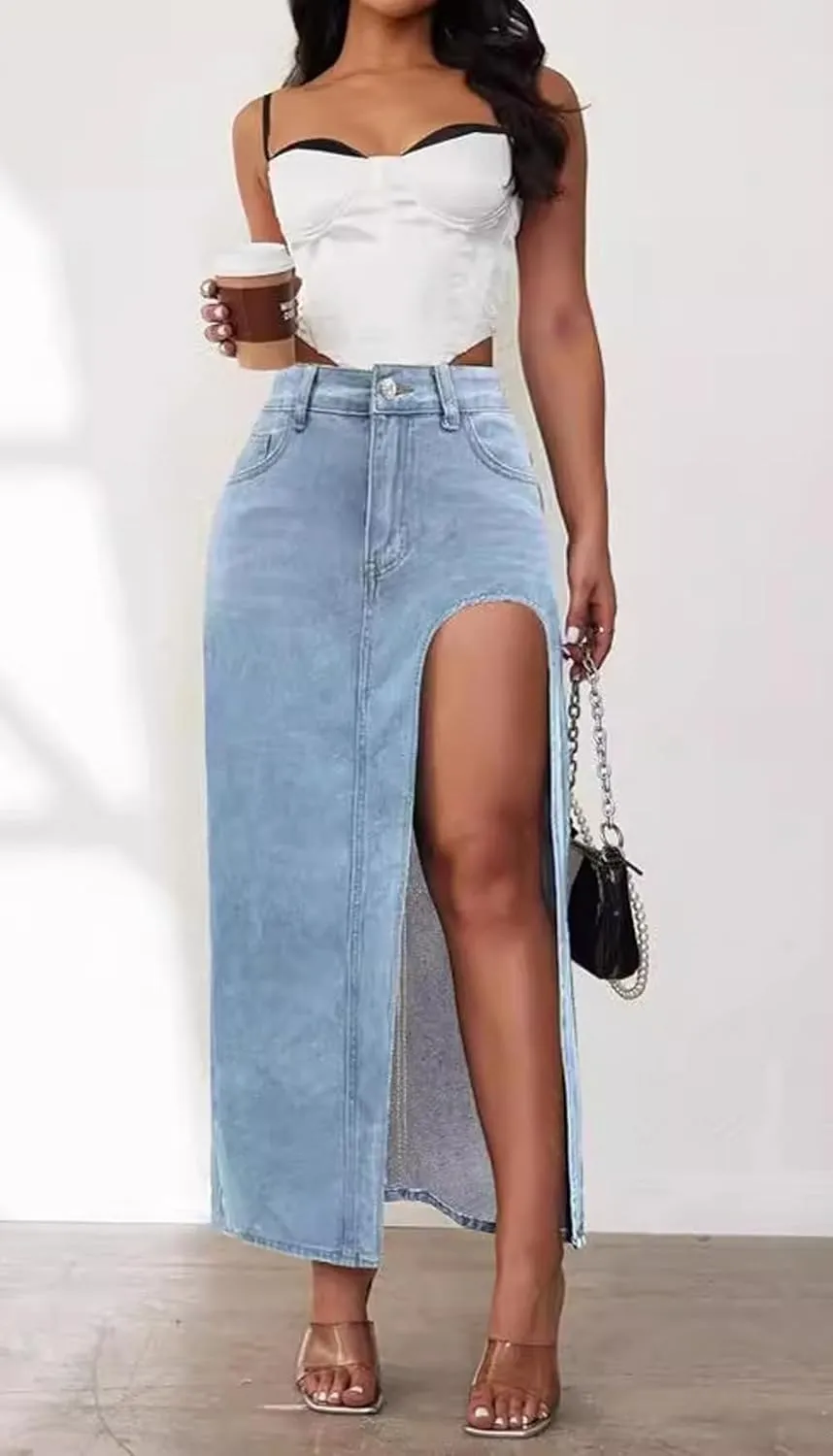 Ru Sweet Womens Casual High Split Denim Maxi Jean Skirt Stretch Waist Frayed Button Up with Pockets
