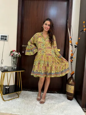 Ruffle Hem Boho Shirt Dress - Golden Sunbeam