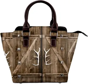 Rustic Antler Country Gate Women Leather Handbag Rivet Shoulder Bag Top Handle Satchel Purse