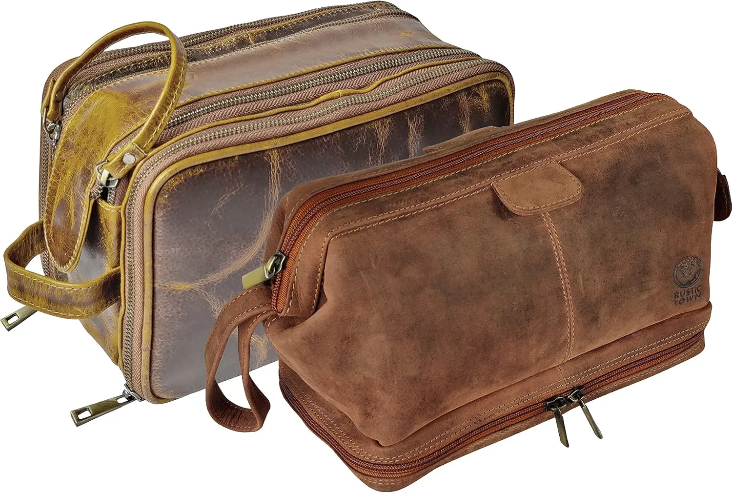 RUSTIC TOWN Genuine Leather Toiletry Bag Packing Organizer Combo - The Best Masculine Travel Gift For Men Women