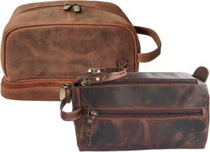 RUSTIC TOWN Handmade Top Grain Leather Toiletry Bag Organizer Combo - The Best Masculine Travel Gift For Men Women