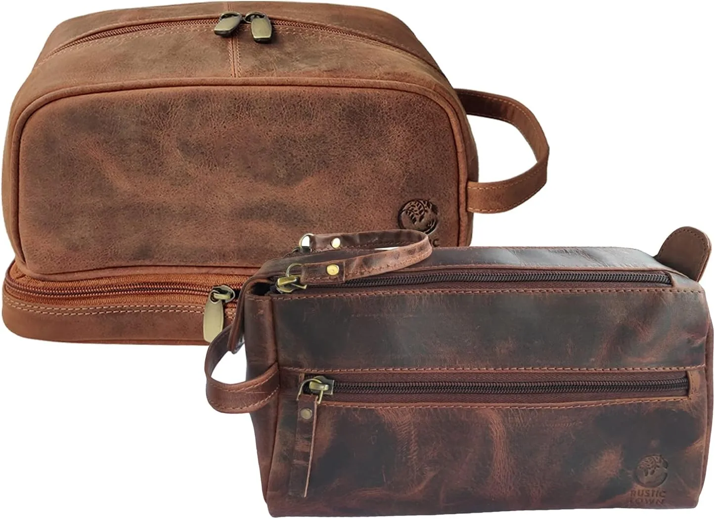 RUSTIC TOWN Handmade Top Grain Leather Toiletry Bag Organizer Combo - The Best Masculine Travel Gift For Men Women