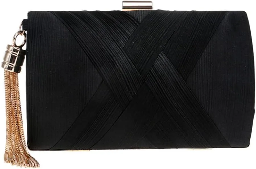 Satin Women Evening Bags Party Clutch Bags Tassel Golden Metal Shoulder Bag Chain Handbags