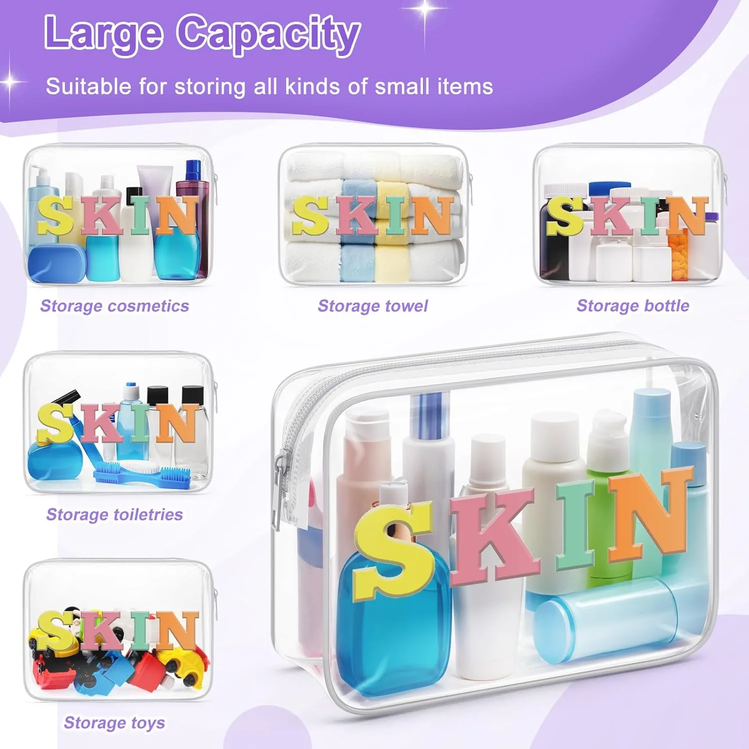 Sazuwu Skin Makeup Bag Transparent Travel Organizer Bag Clear Travel Organizer Bags for Toiletries Pvc Makeup Bags with Zipper Toiletry Bags for Traveling Women Letter Zipper Pouch