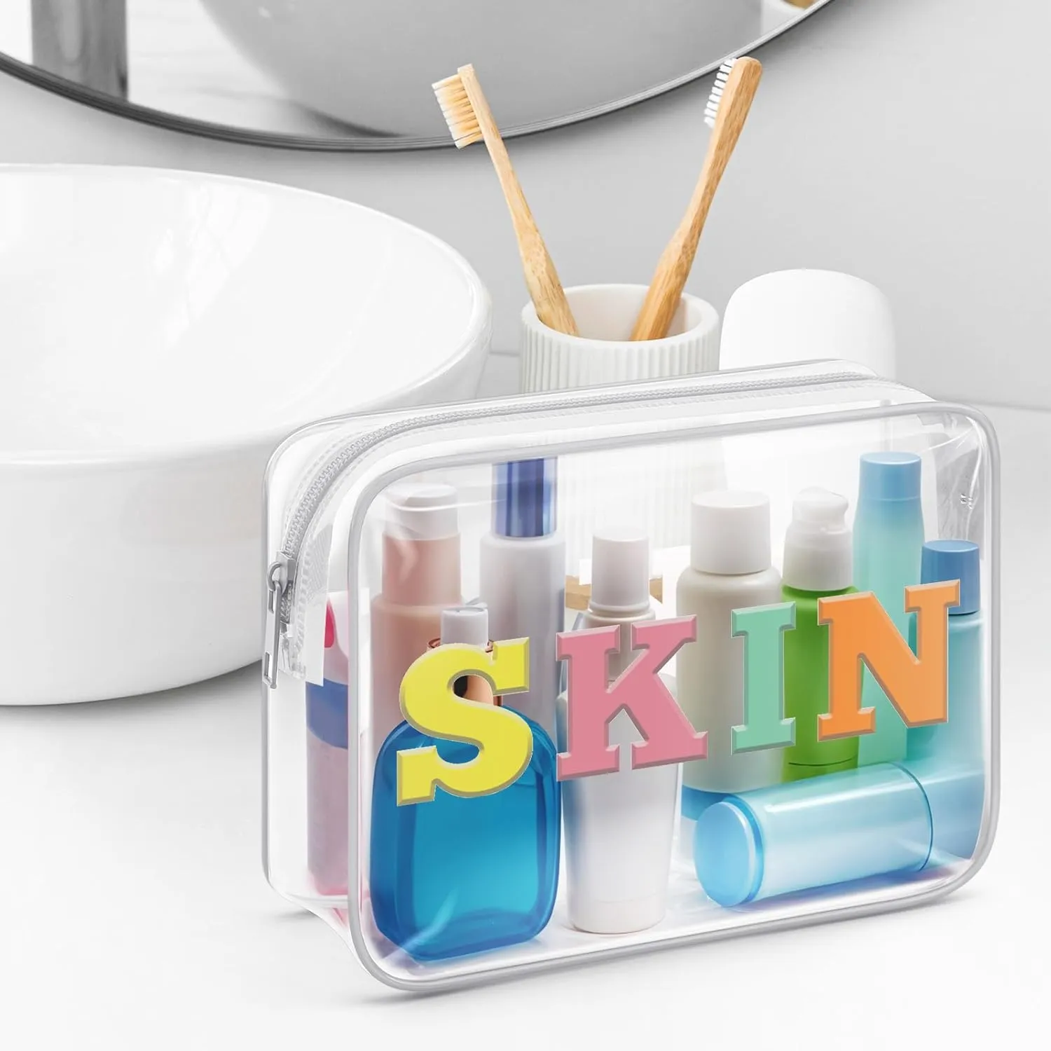 Sazuwu Skin Makeup Bag Transparent Travel Organizer Bag Clear Travel Organizer Bags for Toiletries Pvc Makeup Bags with Zipper Toiletry Bags for Traveling Women Letter Zipper Pouch