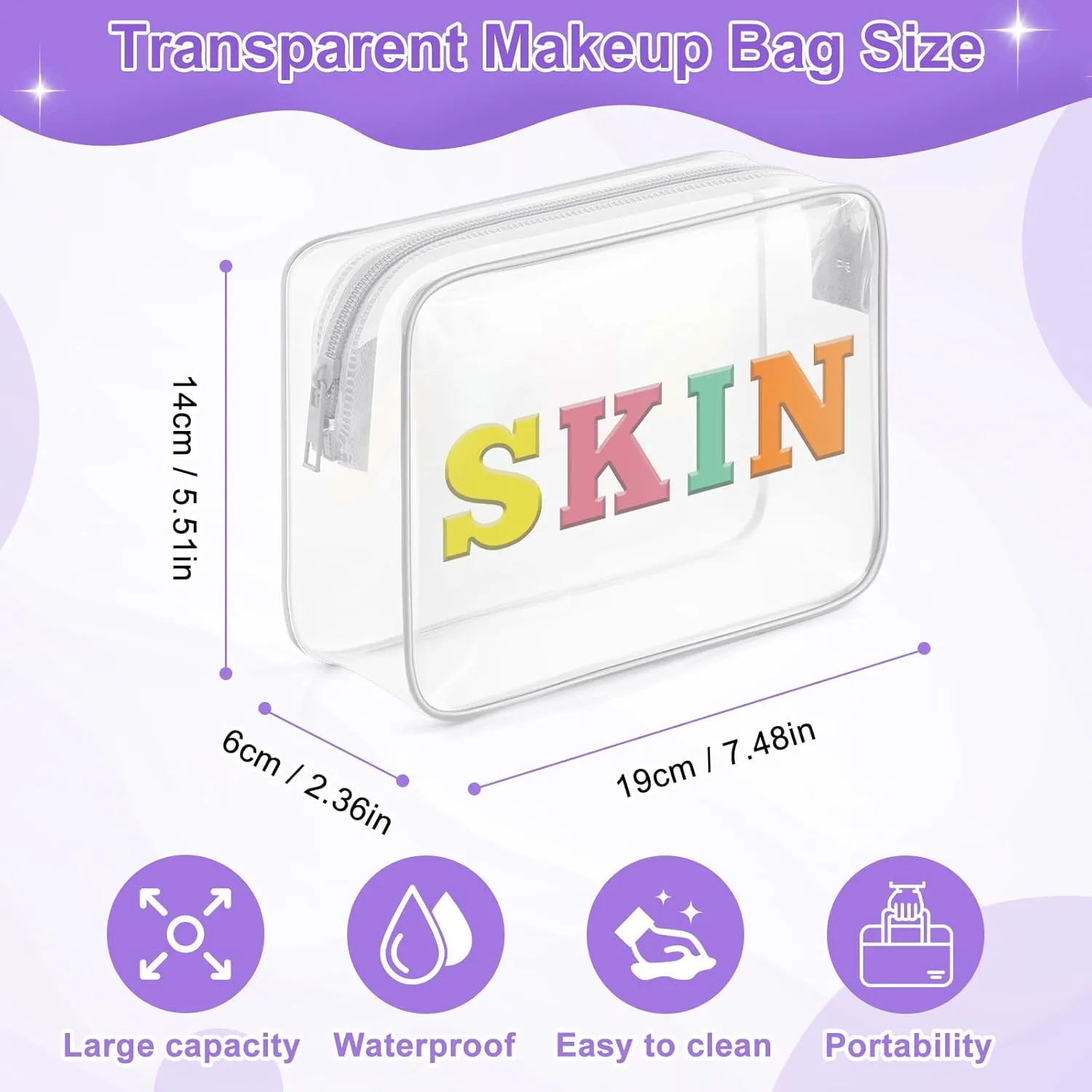 Sazuwu Skin Makeup Bag Transparent Travel Organizer Bag Clear Travel Organizer Bags for Toiletries Pvc Makeup Bags with Zipper Toiletry Bags for Traveling Women Letter Zipper Pouch