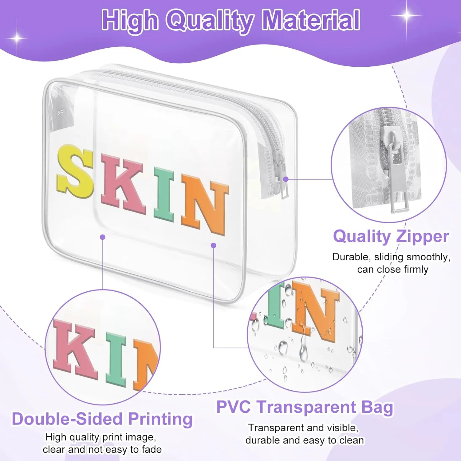 Sazuwu Skin Makeup Bag Transparent Travel Organizer Bag Clear Travel Organizer Bags for Toiletries Pvc Makeup Bags with Zipper Toiletry Bags for Traveling Women Letter Zipper Pouch