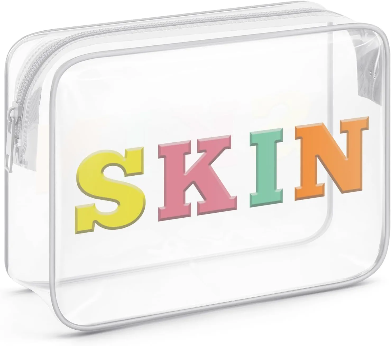 Sazuwu Skin Makeup Bag Transparent Travel Organizer Bag Clear Travel Organizer Bags for Toiletries Pvc Makeup Bags with Zipper Toiletry Bags for Traveling Women Letter Zipper Pouch