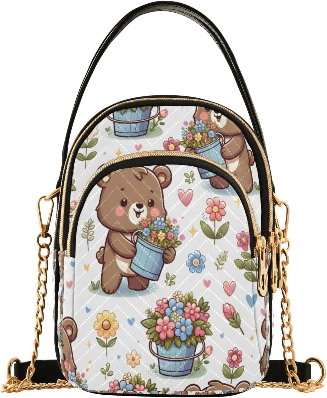 senya Bear and Flower Bucket Crossbody Handbags for Women Casual Leather Shoulder Phone Purse