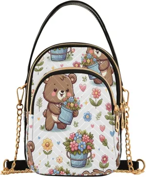 senya Bear and Flower Bucket Crossbody Handbags for Women Casual Leather Shoulder Phone Purse
