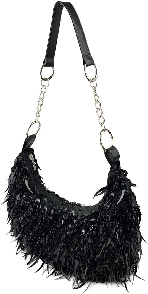 Sequin Bead Crescent Evening Bag for Women Shinny Clutch Purse Gorgeous Bar Disco Shoulder Bag Cocktail Prom Handbag