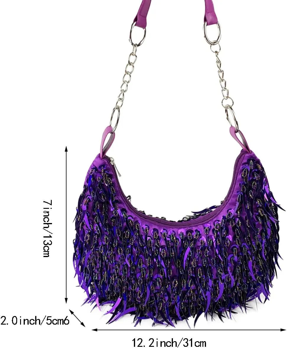 Sequin Bead Crescent Evening Bag for Women Shinny Clutch Purse Gorgeous Bar Disco Shoulder Bag Cocktail Prom Handbag