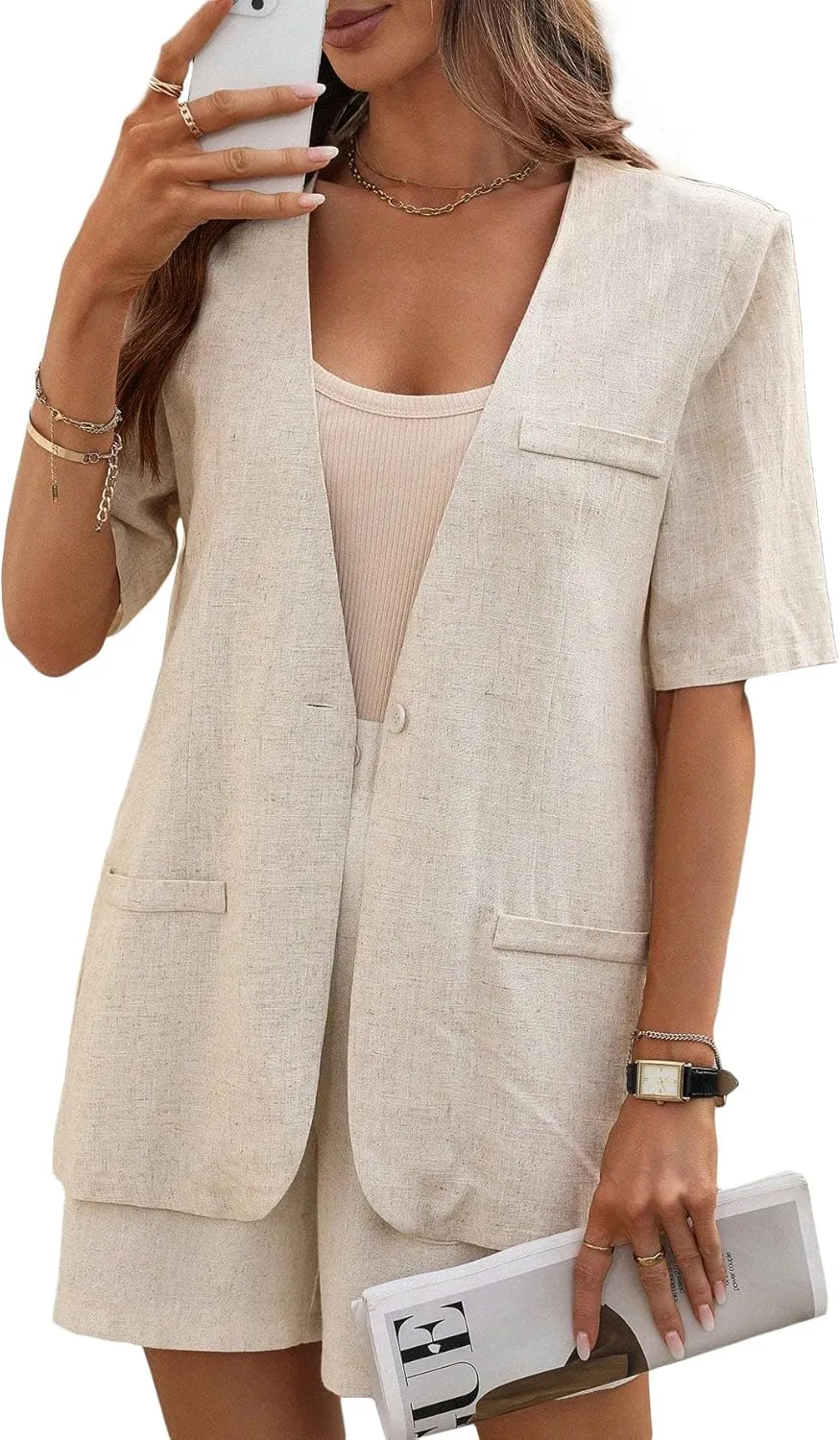 Short Sleeve Linen Blazer Women 2025 Summer Lightweight Breathable Collarless Beach Vacation Jacket with Pockets