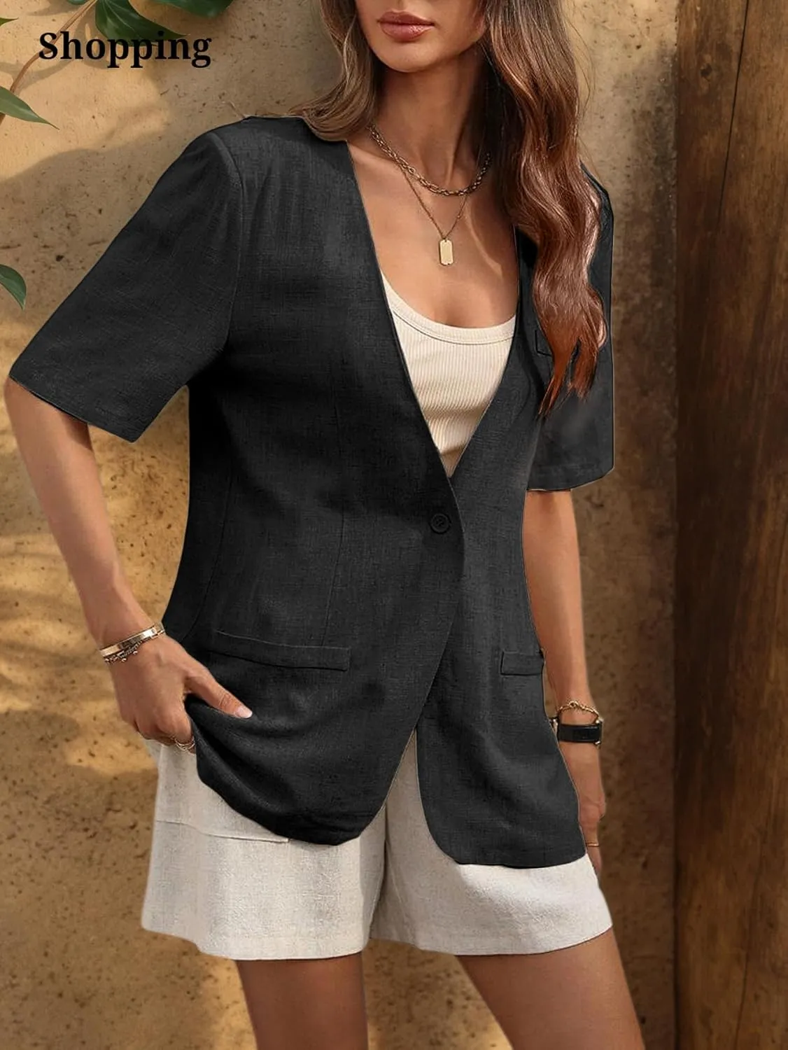 Short Sleeve Linen Blazer Women 2025 Summer Lightweight Breathable Collarless Beach Vacation Jacket with Pockets