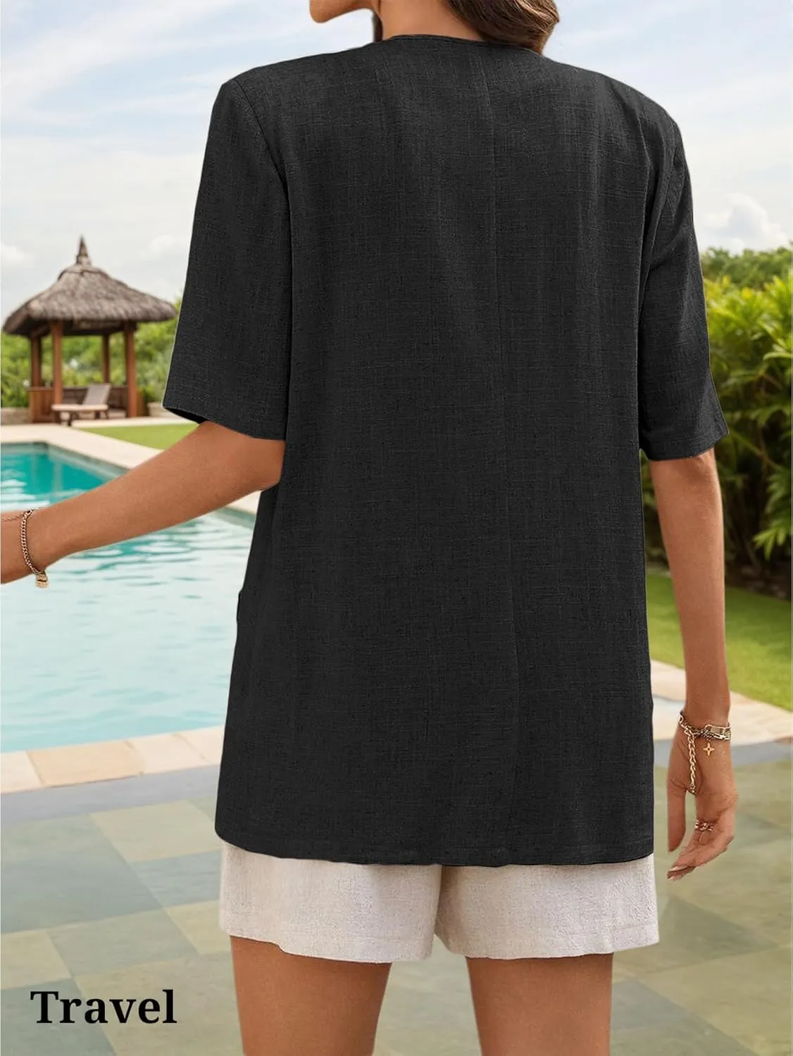 Short Sleeve Linen Blazer Women 2025 Summer Lightweight Breathable Collarless Beach Vacation Jacket with Pockets
