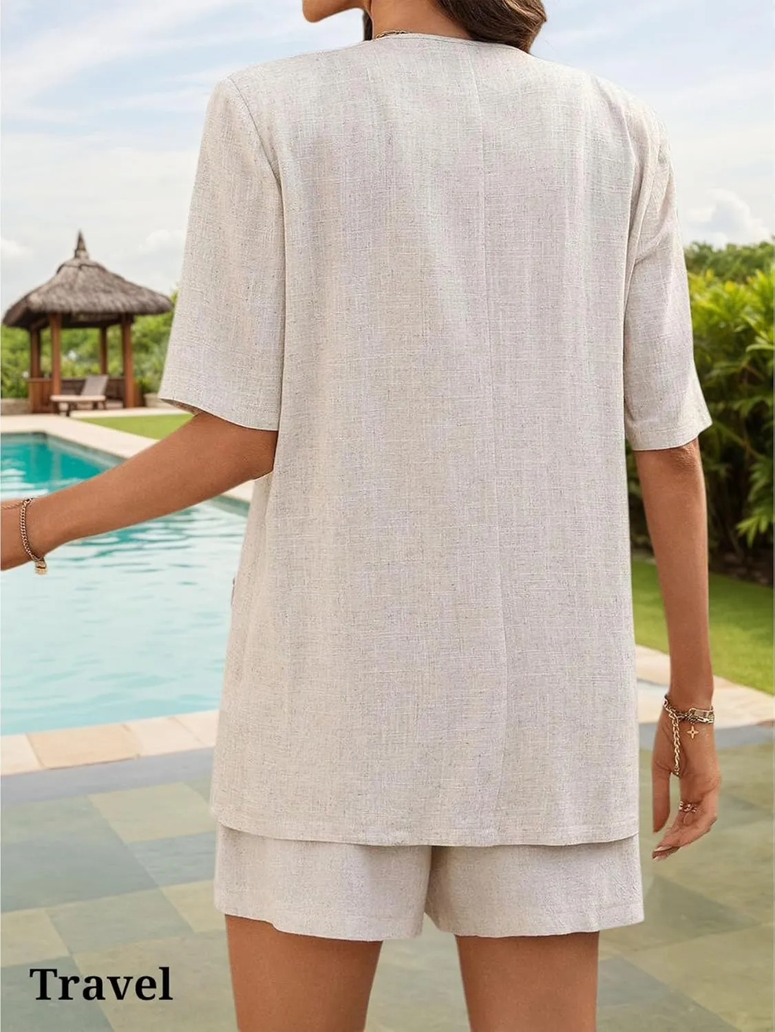 Short Sleeve Linen Blazer Women 2025 Summer Lightweight Breathable Collarless Beach Vacation Jacket with Pockets