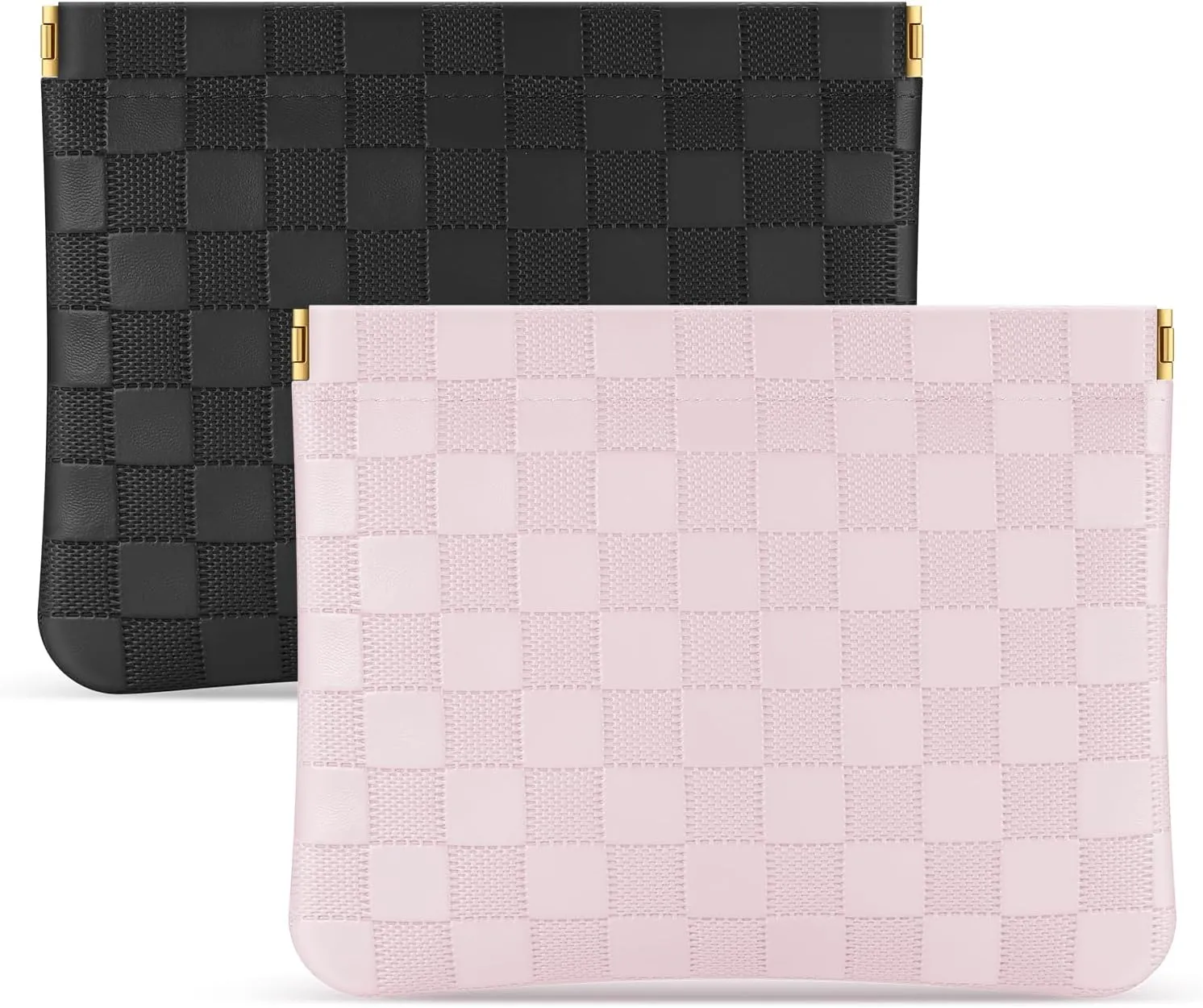 Sightor 2PCS Pocket Cosmetic Bag for Purse, Checkered Makeup Bag Portable Leather Cosmetic Bag for Women, Coin Purse Lipstick Cosmetic Accessories Organizer Travel Cosmetic Pouch (Black, Pink, L)