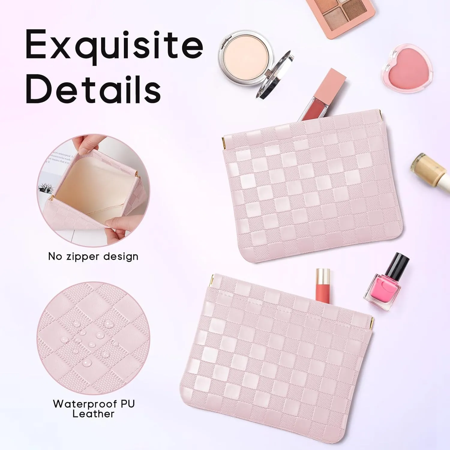 Sightor 2PCS Pocket Cosmetic Bag for Purse, Checkered Makeup Bag Portable Leather Cosmetic Bag for Women, Coin Purse Lipstick Cosmetic Accessories Organizer Travel Cosmetic Pouch (Black, Pink, L)