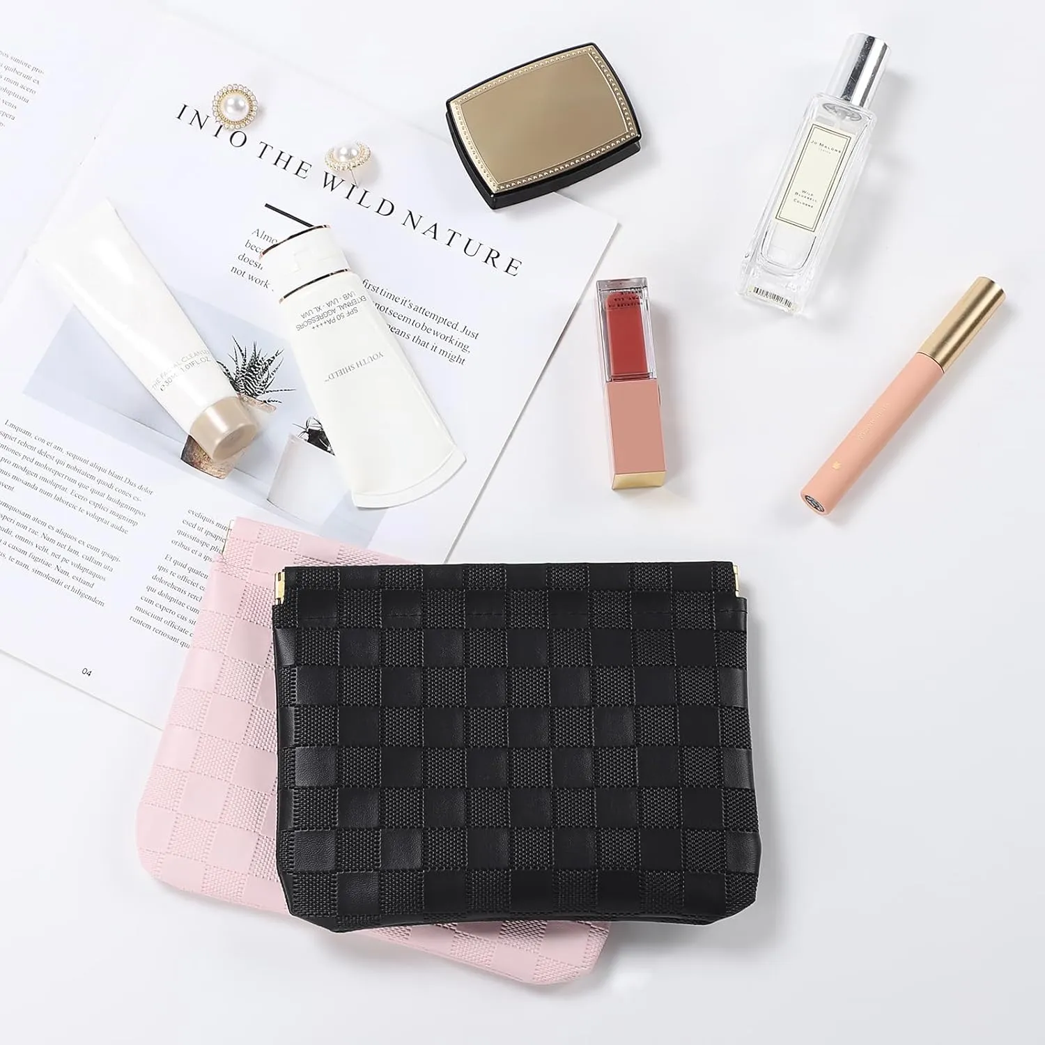 Sightor 2PCS Pocket Cosmetic Bag for Purse, Checkered Makeup Bag Portable Leather Cosmetic Bag for Women, Coin Purse Lipstick Cosmetic Accessories Organizer Travel Cosmetic Pouch (Black, Pink, L)