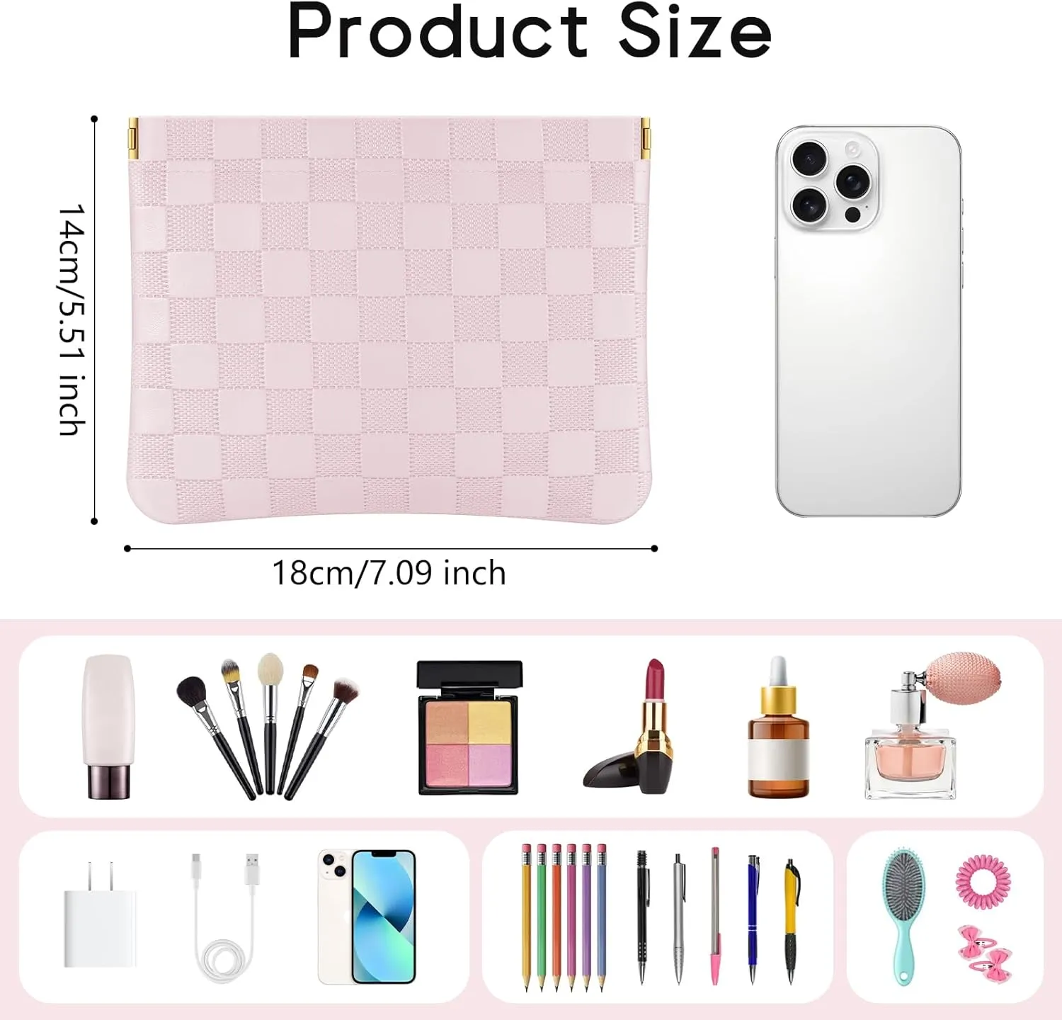 Sightor 2PCS Pocket Cosmetic Bag for Purse, Checkered Makeup Bag Portable Leather Cosmetic Bag for Women, Coin Purse Lipstick Cosmetic Accessories Organizer Travel Cosmetic Pouch (Black, Pink, L)