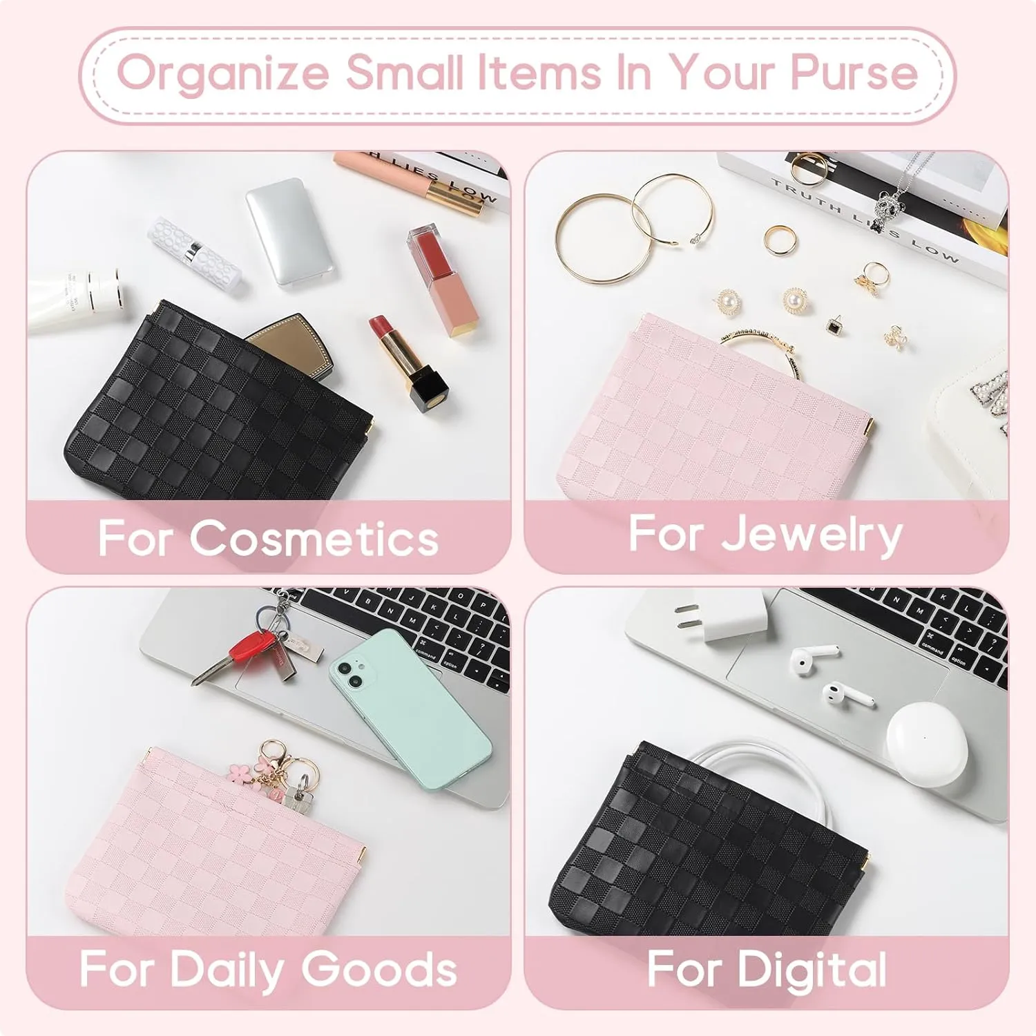 Sightor 2PCS Pocket Cosmetic Bag for Purse, Checkered Makeup Bag Portable Leather Cosmetic Bag for Women, Coin Purse Lipstick Cosmetic Accessories Organizer Travel Cosmetic Pouch (Black, Pink, L)