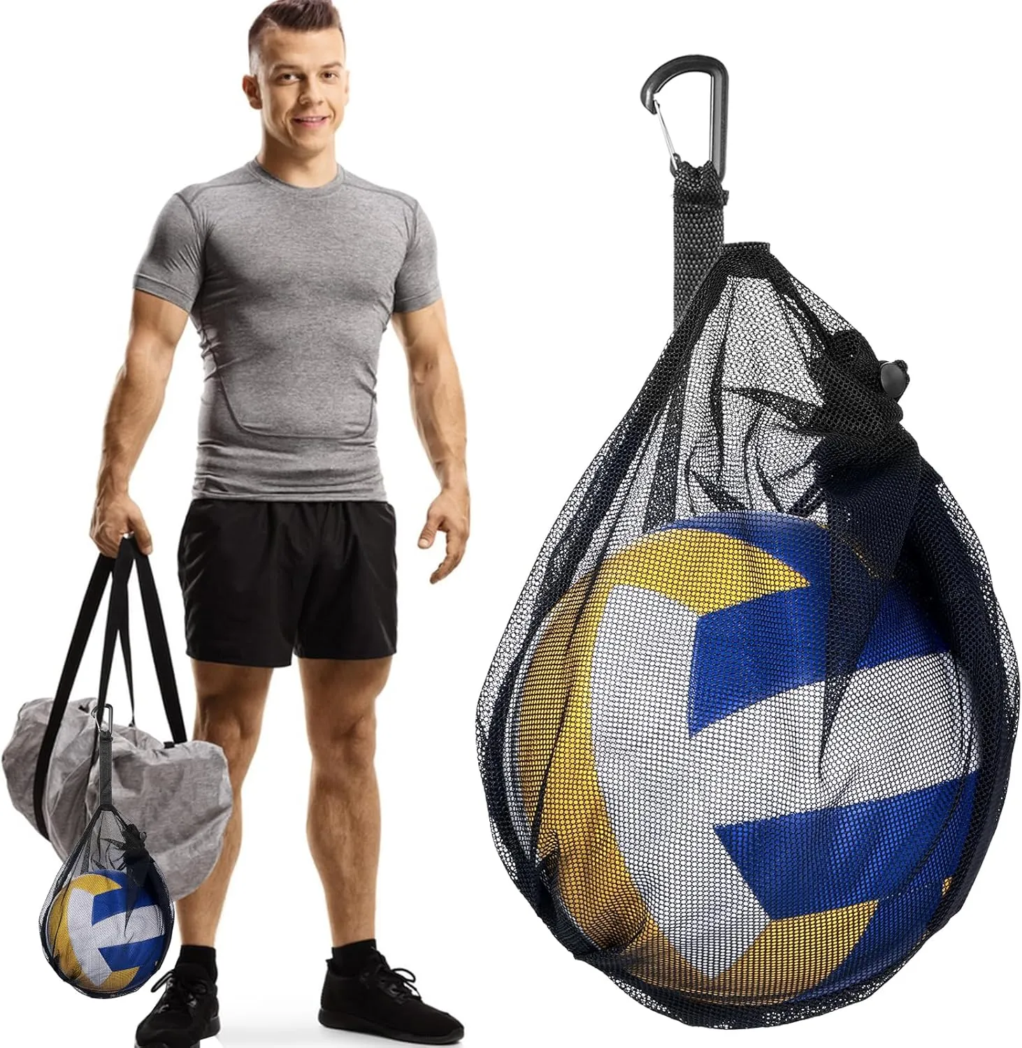 Single Ball Bag, Breathable Mesh Ball Storage Bag with Zipper Pocket, Sports Ball Drawstring Sling Net Carry Bag with Buckle Clip for Carrying Basketball Volley Ball Soccer Football Badminton