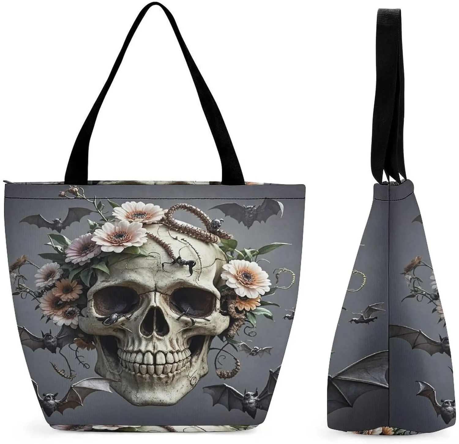 Skull Flower Tote Bags Reusable Grocery Bags Shopping Zippered Tote for Office Graduation Travel