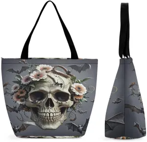 Skull Flower Tote Bags Reusable Grocery Bags Shopping Zippered Tote for Office Graduation Travel