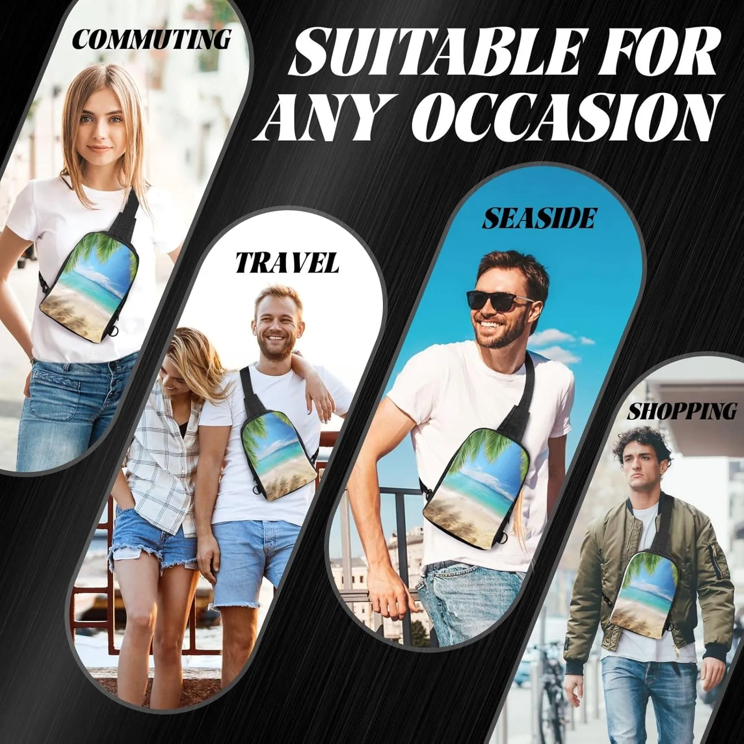 Sling bag for Women Men Trendy Sling Bakpack Casual Chest Bag Ocean Sea Beach Palm Leaves Fanny Pack for Travel Hiking