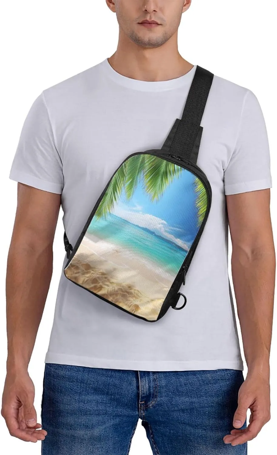 Sling bag for Women Men Trendy Sling Bakpack Casual Chest Bag Ocean Sea Beach Palm Leaves Fanny Pack for Travel Hiking