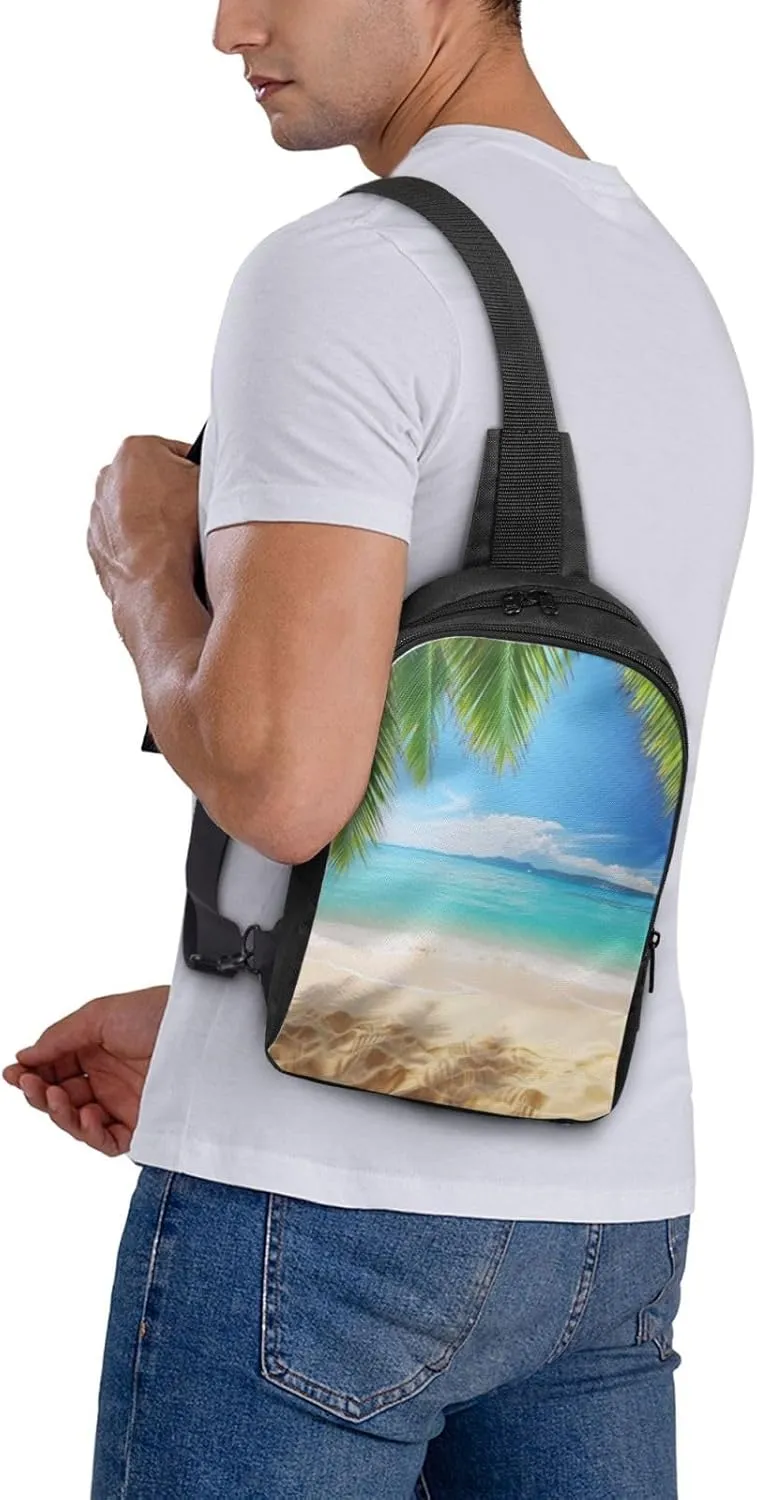 Sling bag for Women Men Trendy Sling Bakpack Casual Chest Bag Ocean Sea Beach Palm Leaves Fanny Pack for Travel Hiking