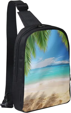 Sling bag for Women Men Trendy Sling Bakpack Casual Chest Bag Ocean Sea Beach Palm Leaves Fanny Pack for Travel Hiking