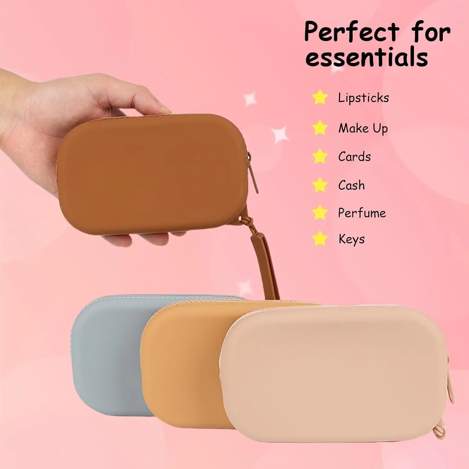 Small Silicone Multifunctional Essential Bag Portable Travel Makeup Bag for Women Men Cards Cash Bag Zipper Pouch (Brown)