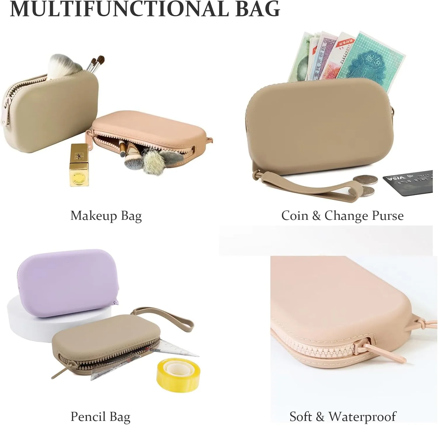 Small Silicone Multifunctional Essential Bag Portable Travel Makeup Bag for Women Men Cards Cash Bag Zipper Pouch (Green)