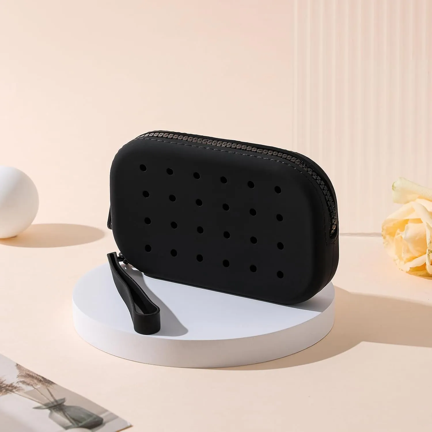 Small Silicone Multifunctional Essential Bag Zipper Pouch Portable Travel Makeup Bag for Women Men Cards Cash (Black)
