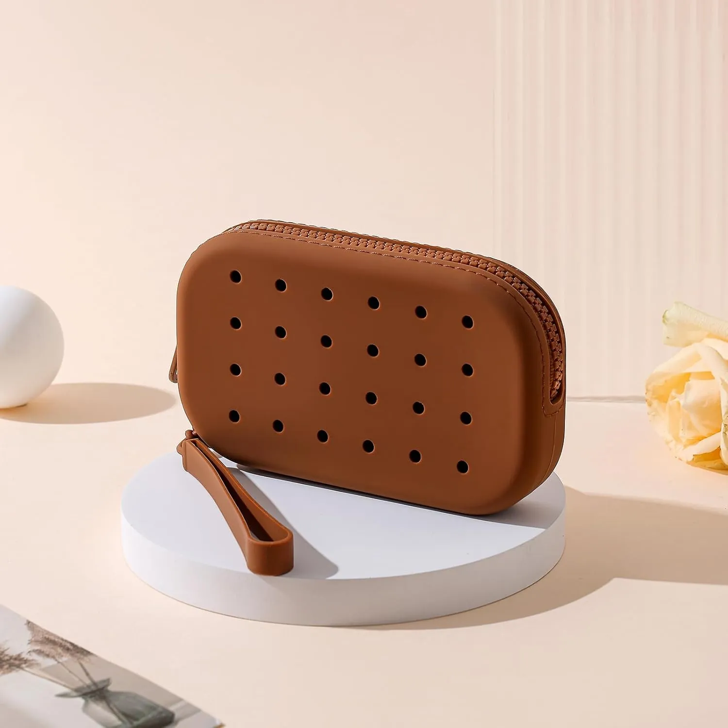 Small Silicone Multifunctional Essential Bag Zipper Pouch Portable Travel Makeup Bag for Women Men Cards Cash (Brown)