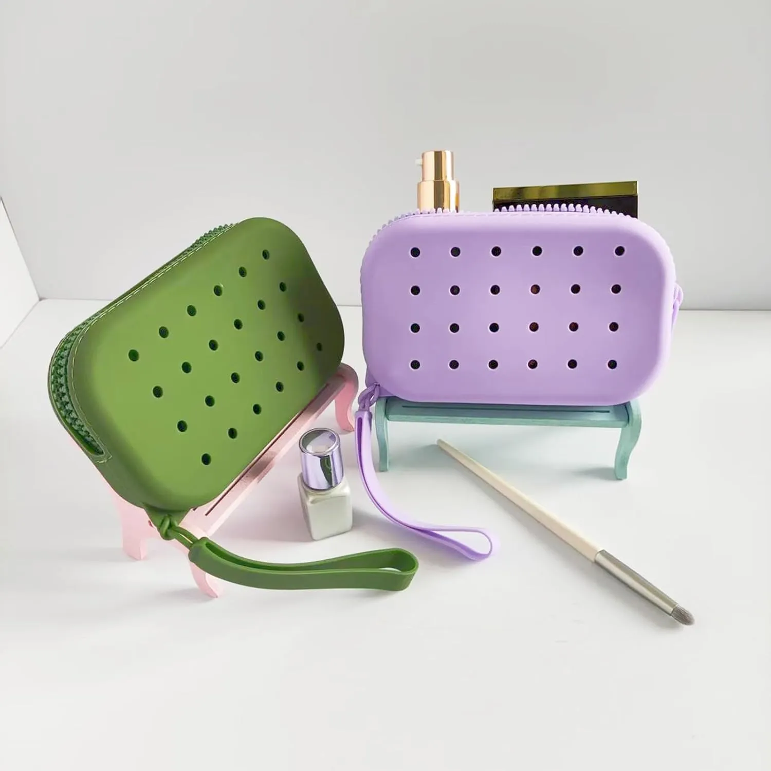 Small Silicone Multifunctional Essential Bag Zipper Pouch Portable Travel Makeup Bag for Women Men Cards Cash (Green)