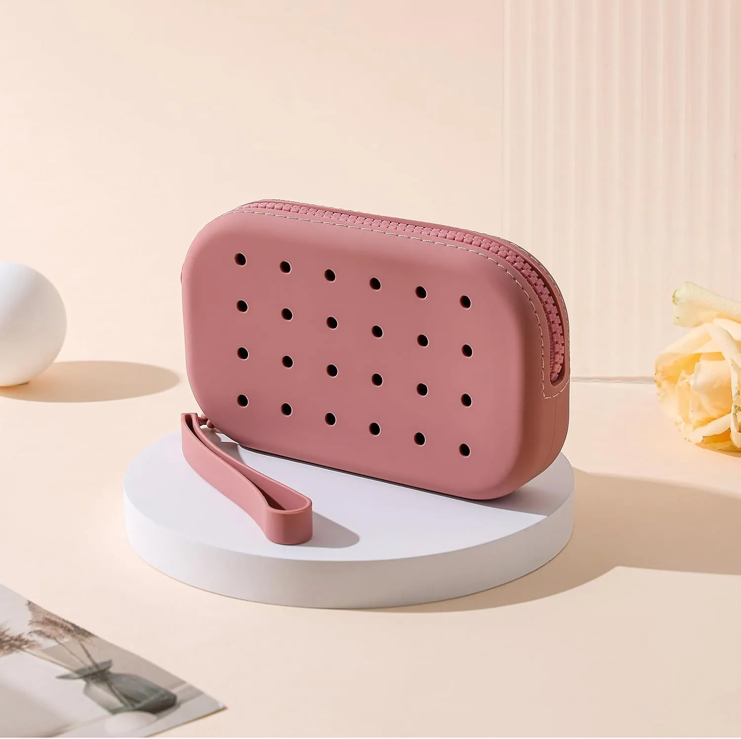 Small Silicone Multifunctional Essential Bag Zipper Pouch Portable Travel Makeup Bag for Women Men Cards Cash (Pink)