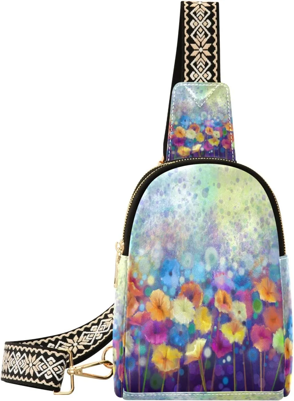 Small Sling Bag Waist Packs Leather Crossbody Packs Chest Bag Abstract Floral Watercolor Painting for Women Travel Belt Purse