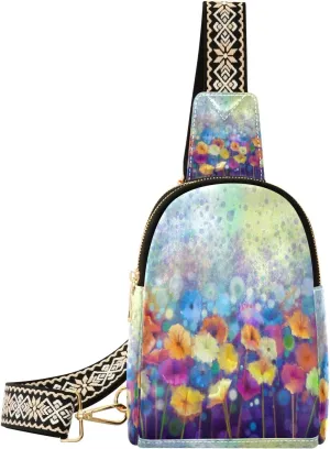 Small Sling Bag Waist Packs Leather Crossbody Packs Chest Bag Abstract Floral Watercolor Painting for Women Travel Belt Purse