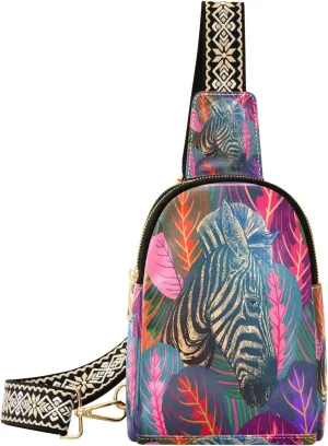 Small Sling Bag Waist Packs Leather Crossbody Packs Chest Bag African Zebra and Tropical Leaves for Women Travel Belt Purse