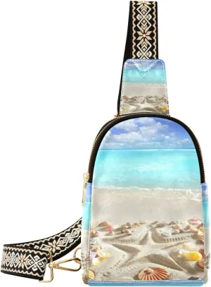 Small Sling Bag Waist Packs Leather Crossbody Packs Chest Bag Beach Sand Starfish Tropical Sea for Women Travel Belt Purse