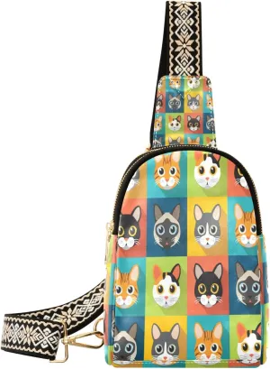 Small Sling Bag Waist Packs Leather Crossbody Packs Chest Bag Cute Cat Heads for Women Travel Belt Purse
