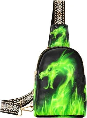 Small Sling Bag Waist Packs Leather Crossbody Packs Chest Bag Green Flame Dragon for Women Travel Belt Purse